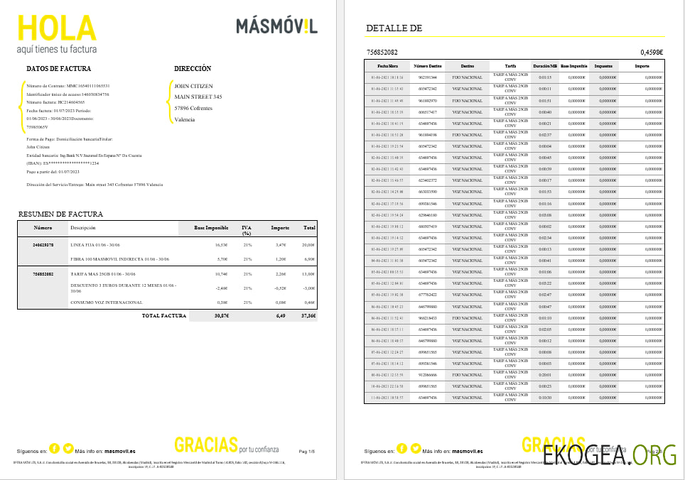 Spain Masmovil internet utility bill word and pdf formats, 6 pages template